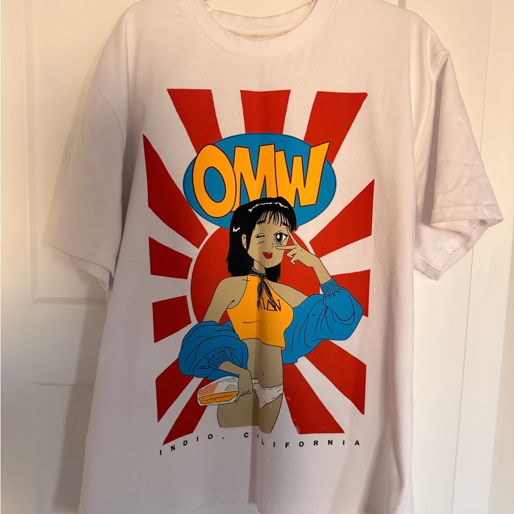 NAV Coachella Graphic Tee in White with Red, Blue & Yellow Print